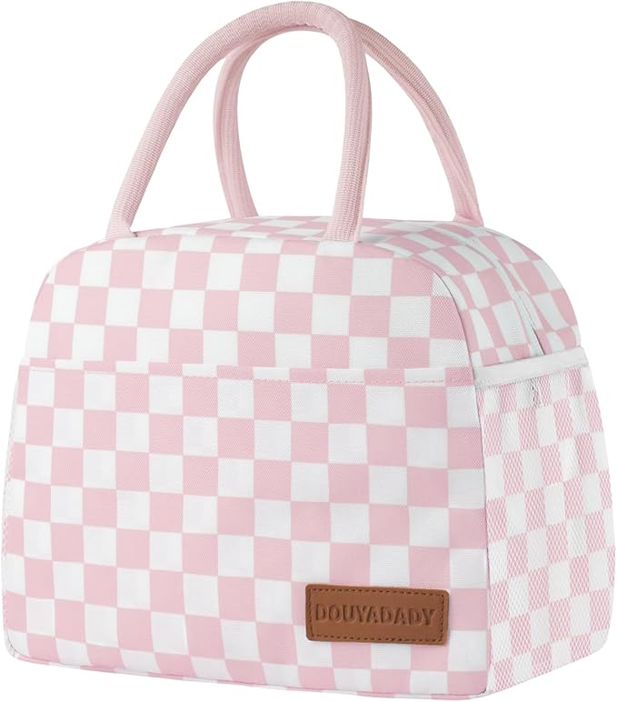 douyadady Lunch Bag Women/Men Lunch Box Women/Men (Pink+White Checkerboard)