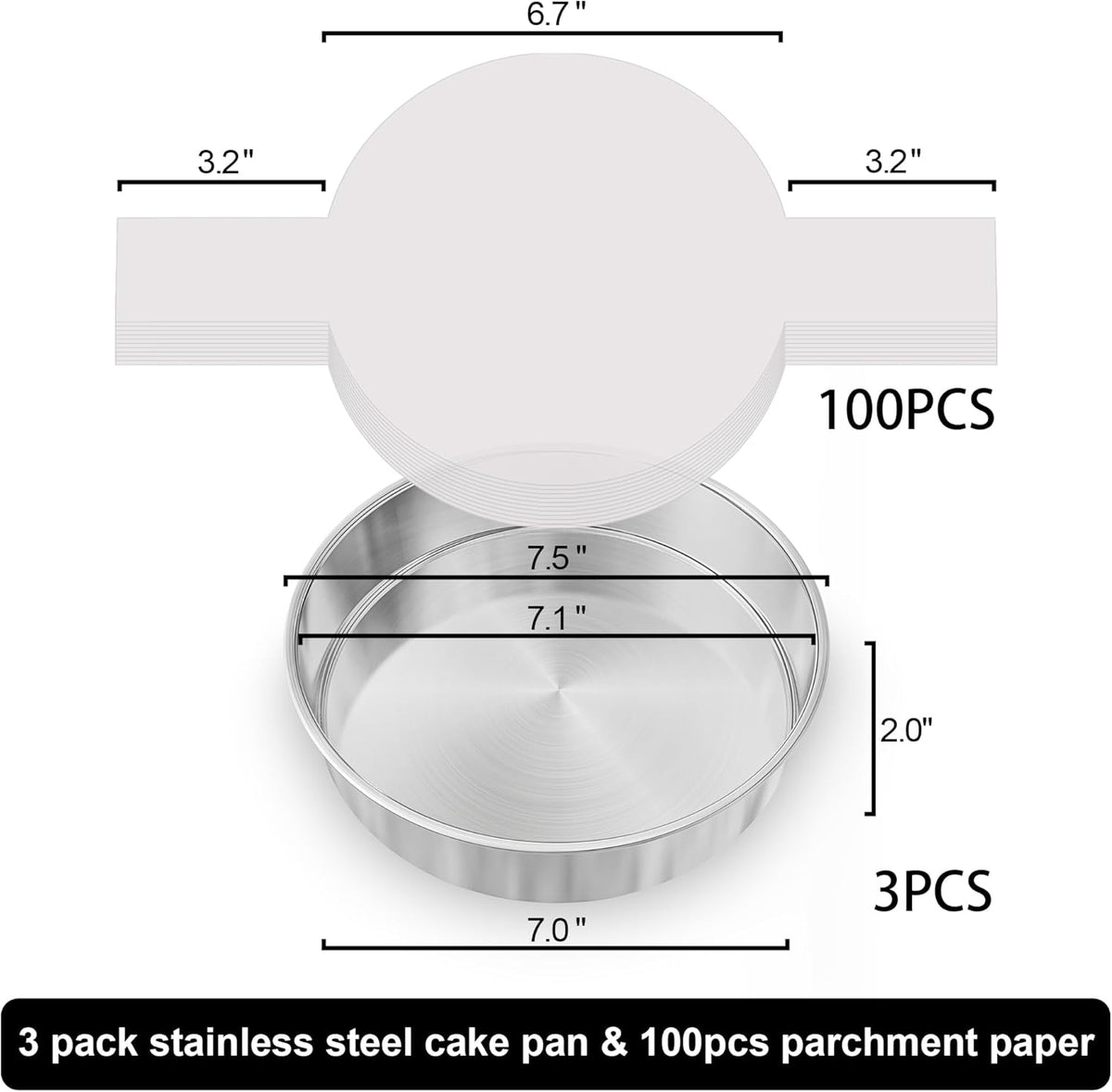 7 Inch Round Cake Pans Set of 3, Nonstick Stainless Steel Baking Pans Set with 100PCS Parchment Papers, Heavy Duty Durable Birthday Wedding Circle Layer Cake Pans Sets for Baking, Dishwasher Safe