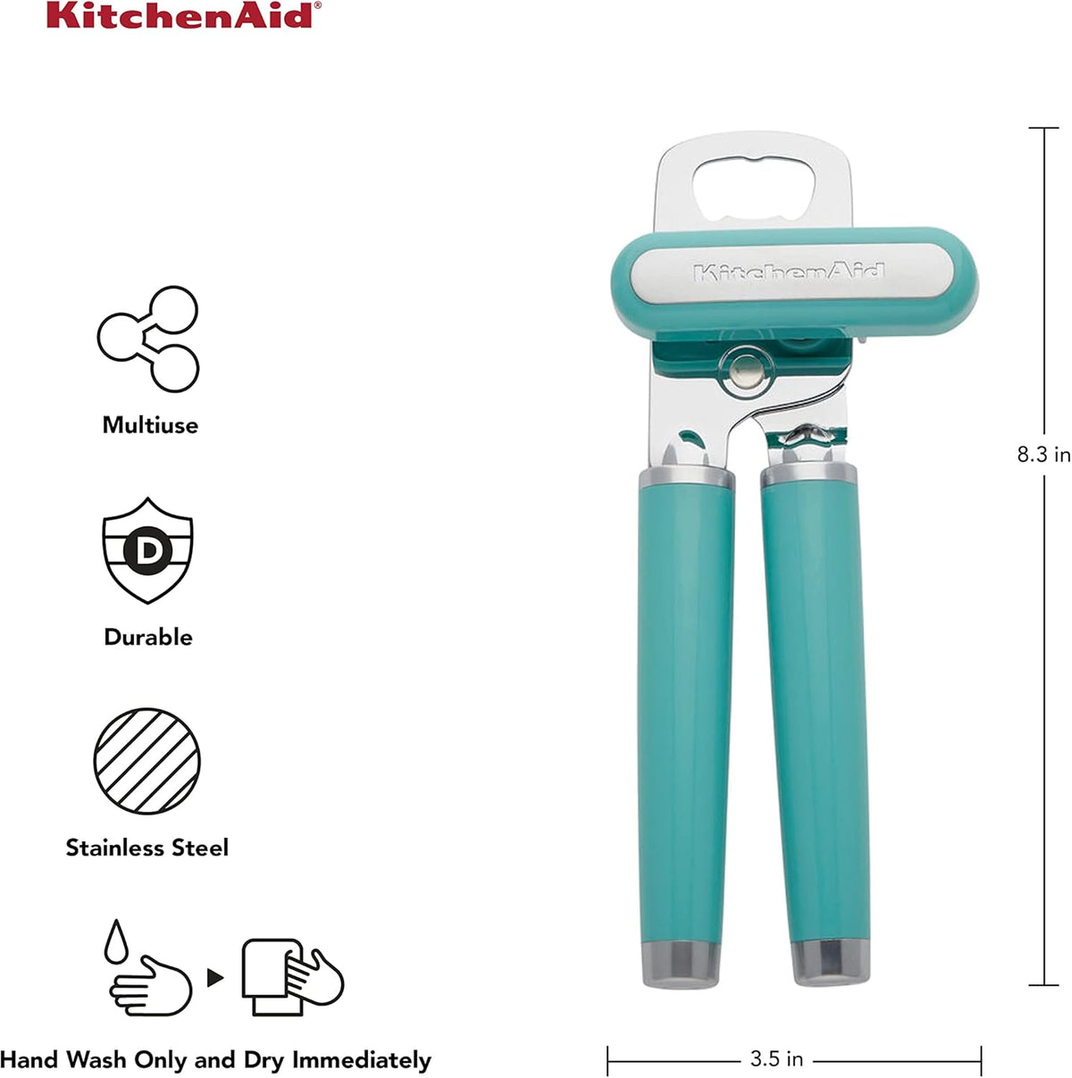 KitchenAid Classic Multifunction Can Opener and Bottle Opener Easy to Use, Razor Sharp Stainless Steel Cutting Wheel, Soft Ergonomic Handles, Aqua Sky