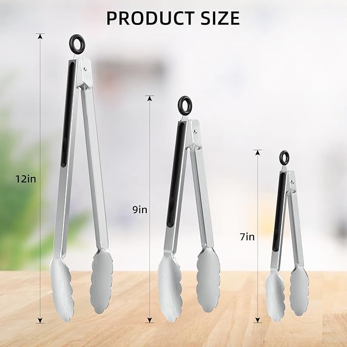 NileHome Tongs for Cooking, Professional Stainless Steel Cooking Tongs – Heat-Resistant for Grilling, BBQ, Serving Salad, Pasta, and Kitchen Use, Dishwasher Safe, Set of 7" 9" 12", Silver
