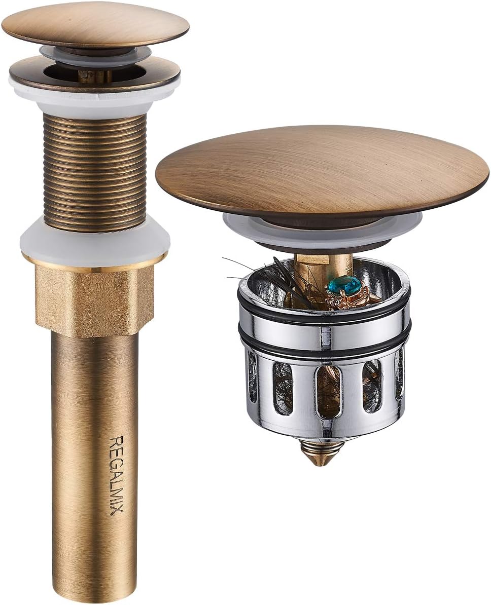 Antique Brass Pop UP Drain, Bathroom Vessel Lavatory Vanity Faucet Sink Stopper, Built-in Anti-Clogging Strainer, Fits Standard American Drain Hole(1-1/2" to 1-3/4"),Without Overflow RWF082S