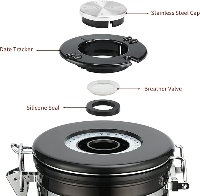Coffee Canister, Airtight Coffee Container with Date Tracker Lid, Stainless Steel Canister for Kitchen Food Storage (Black-Copper, 16oz)