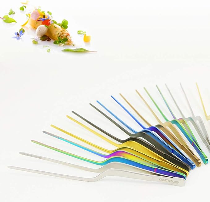 CREATIVECHEF 8 Inch Curved Stainless Steel Precision Kitchen Cooking Multi-function Tweezers Culinary Offset Tweezer Tongs (Curved, color)