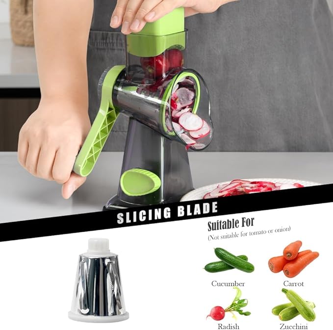 Cheese Grater Hand Crank Rotating Cheese Shredder Stainless Steel Vegetable Slicer Grater for Kitchen 3 Blades for Cheese, Carrot, Cucumber, Nuts, Chocolate, Green