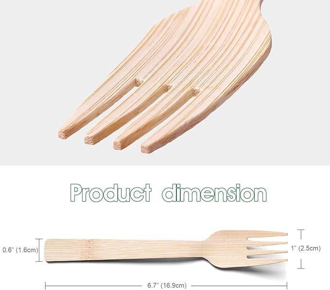 Bamboo Utensils Disposable- 100 PK Bamboo Forks Disposable 100% Compostable Biodegradable Renewable Natural Cutlery Fork 6.7" for Travelling Camping
