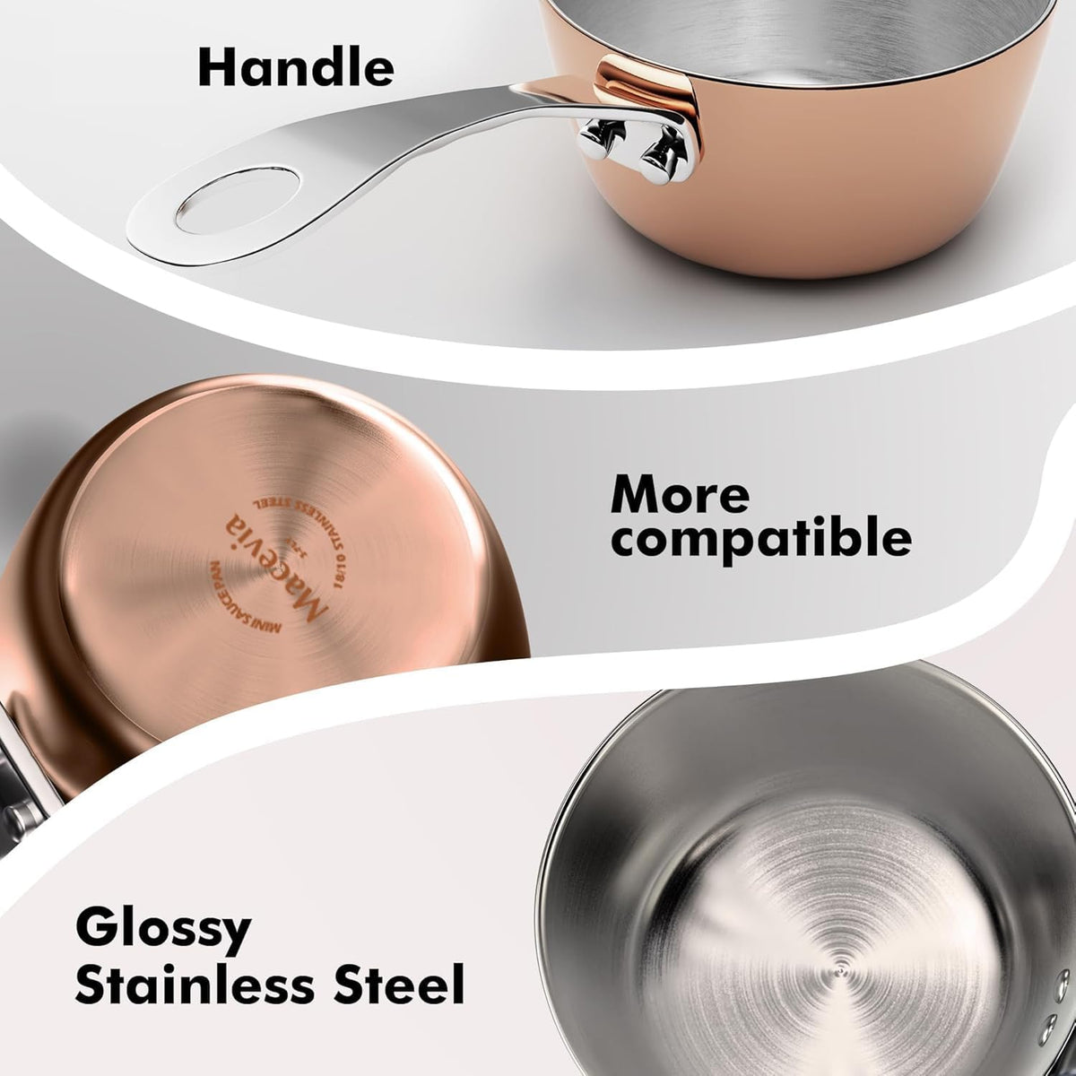 Macevia Mini Sauce Pan,Copper Stainless Steel Butter Warmer Small Pot with Handle, Multipurpose Use for Home Kitchen or Restaurant (5oz/150ml)