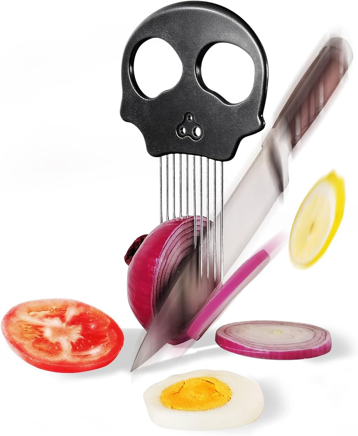 Stainless Steel Onion Cutter – Multi-Function Vegetable Cutter & Herb Stripper for Avocados, Eggs, Tomatoes, Potatoes (Black)