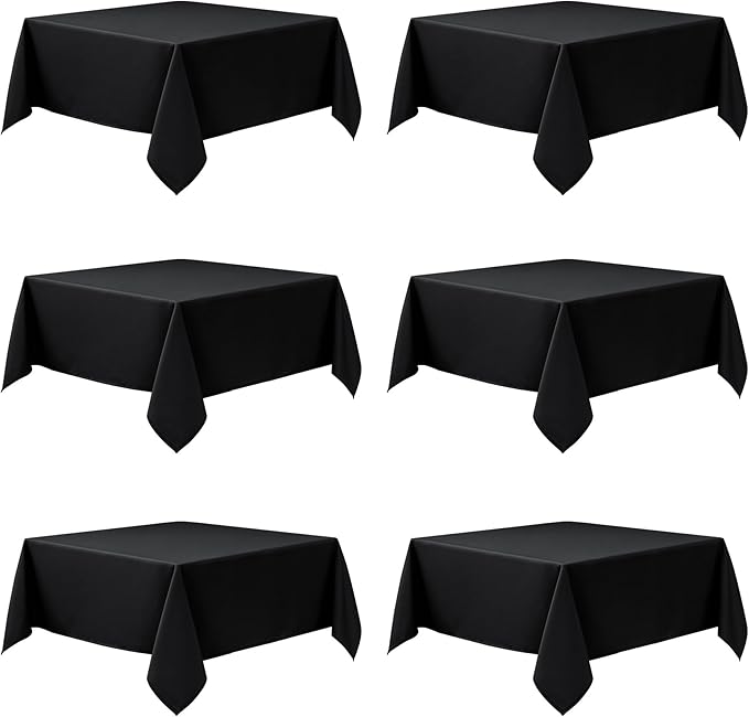 6-Pack Black Tablecloths for Square Tables, 70 x 70 Inches, Stain-Resistant Polyester Fabric for 3 Foot Tables - Washable Table Covers for Weddings, Banquets, Birthday Parties, Events