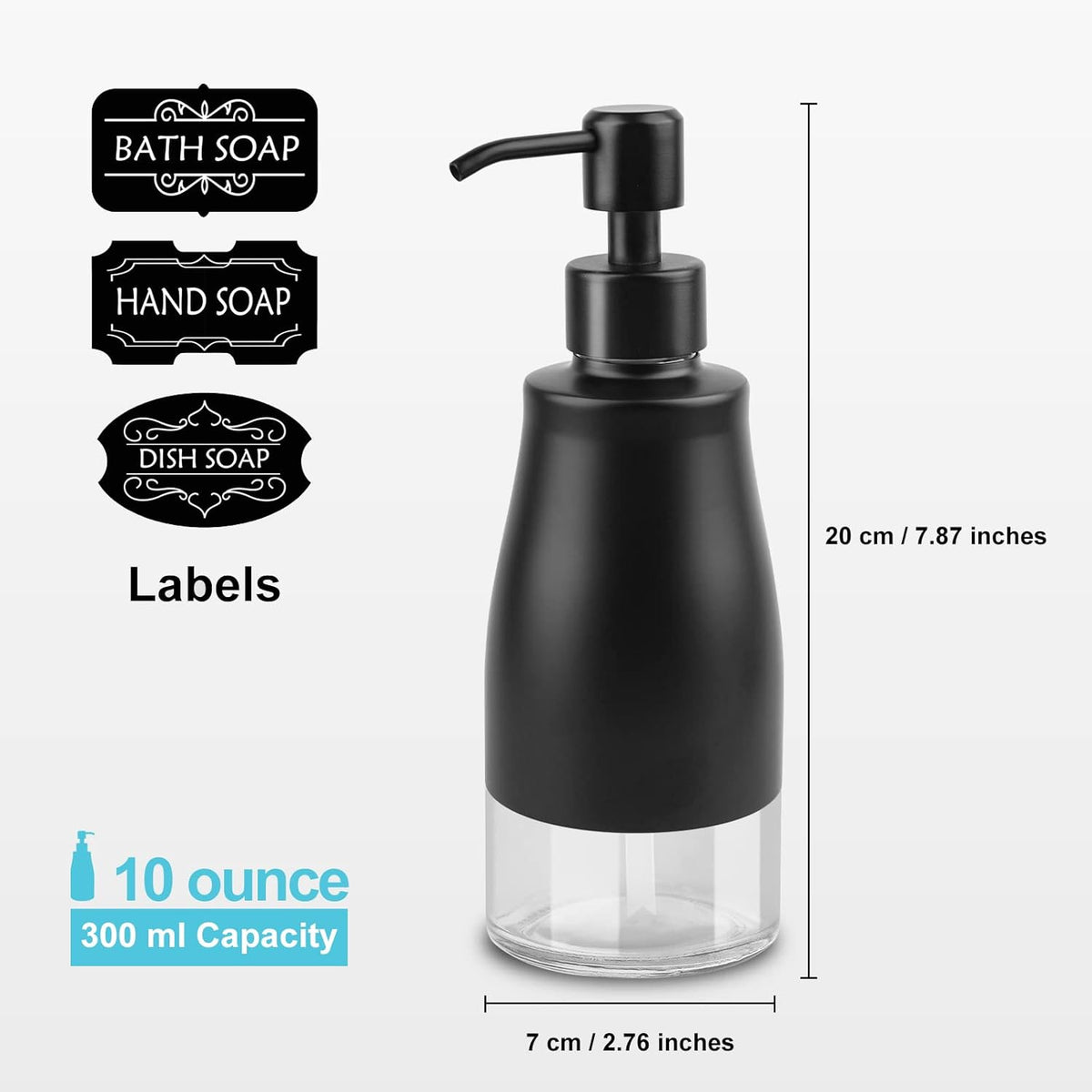 Dish Soap Dispenser with Stickers, 2 Pack Kitchen Dish Refillable Liquid Dispensers, Stainless Steel Case Glass Liner Soap Dispenser for Bathroom Kitchen, Matte Black (10 OZ./ 300ML)