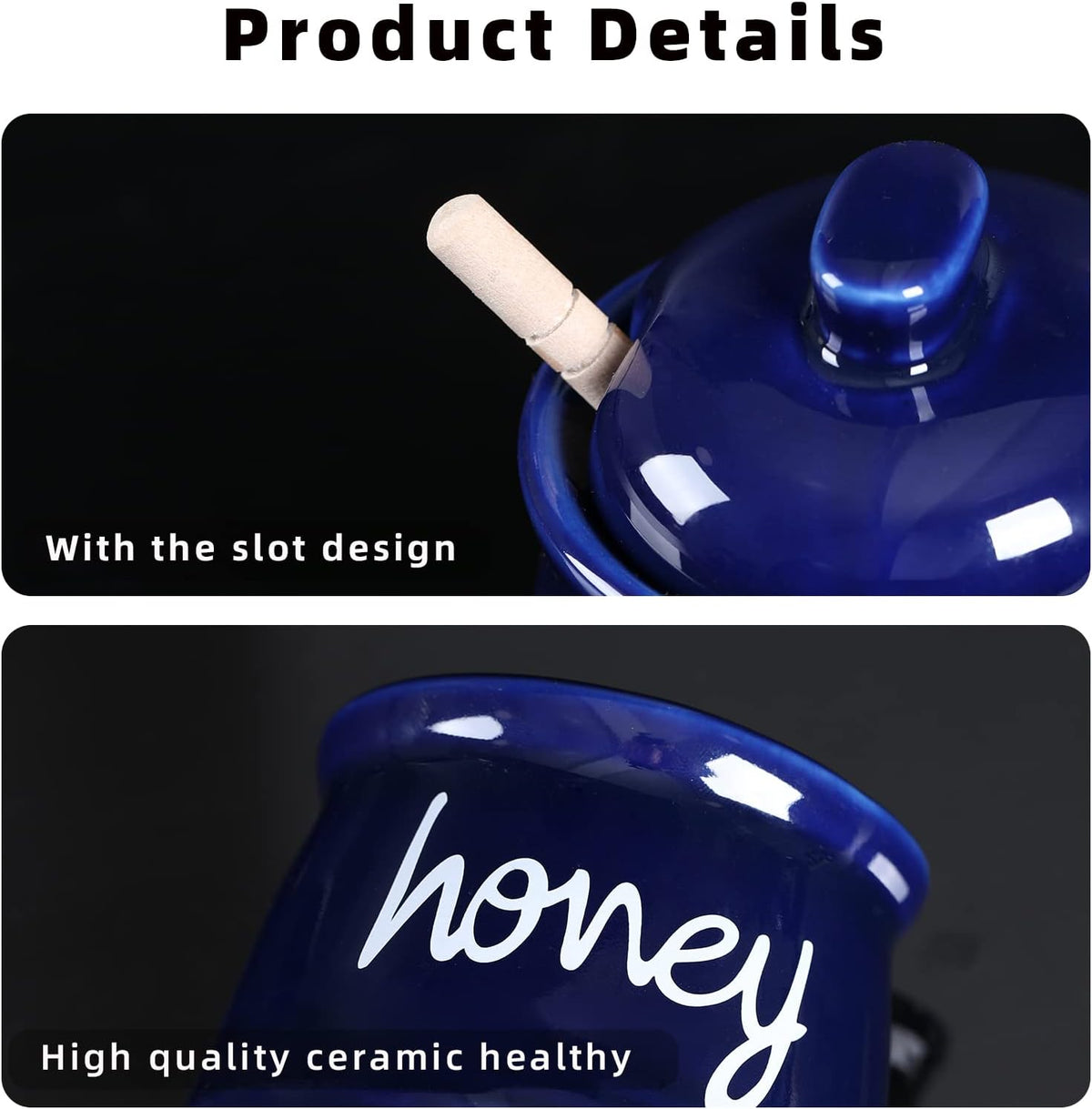 Honey Jar with Dipper and Lid, Ceramic Honey Pot 12oz (Navy)