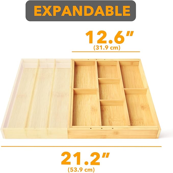 SpaceAid Bamboo Utensil Drawer Organizer with Labels, Kitchen Silverware Expandable Tray Holder Organizer for Flatware, Cutlery, Spoon and Knives Drawer Storage Organization (Natural)