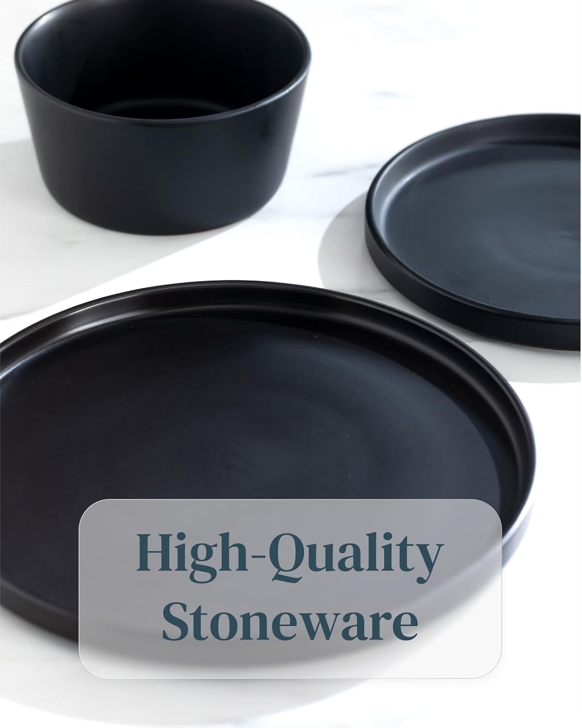 Ceramic Dinnerware Set - Scratch Resistant, Dishwasher & Microwave Safe Stoneware - 12 Piece Plates and Bowls for 4 - Matte Black