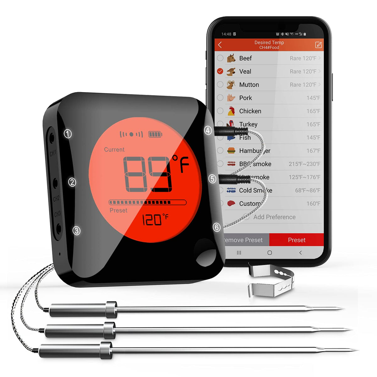 BFOUR Bluetooth Meat Thermometer Wireless Grill Thermometer with 3 Probes, Premium Digital Meat Thermometer Food Thermometer Timer Alarm for Smoker, Grill, Oven, Kitchen, Cooking, BBQ