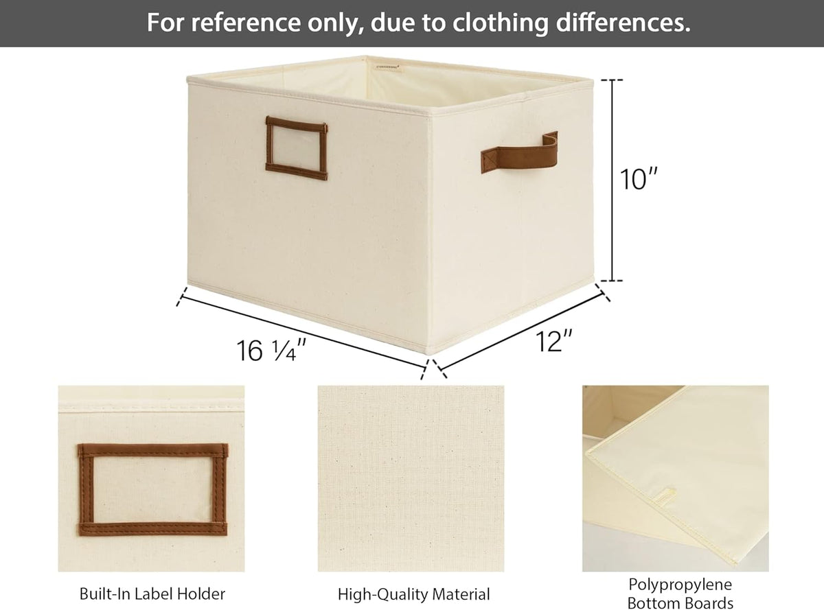 StorageWorks Storage Baskets for Shelves, Foldable Fabric Closet Storage Bins with PU Handles, Fabric Storage Bins Clothes Organizer, Ivory White, 3-Pack, Extra Large