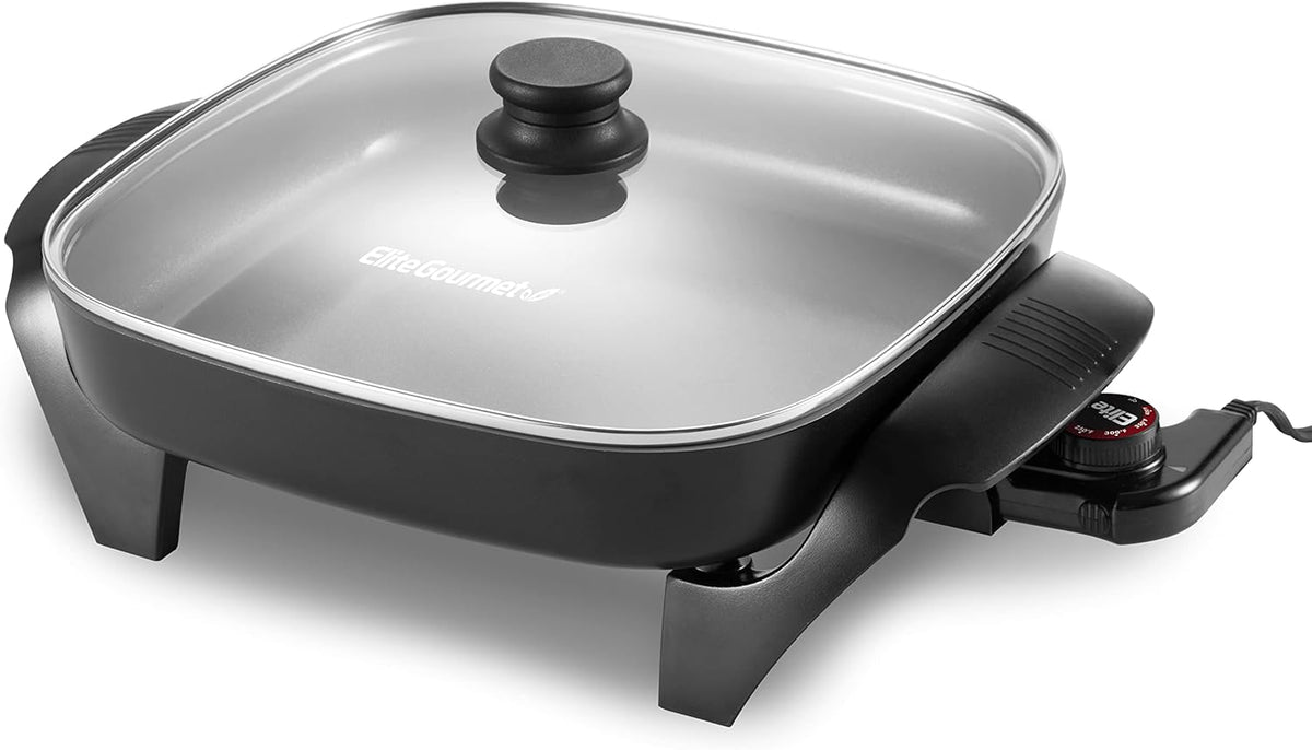 Elite Gourmet EG2212X 12"x12"x2.15” Ceralast™ PFAS Free Ceramic Electric Skillet, Dishwasher Safe, Rapid Heat Up, 1200W, Dark Grey