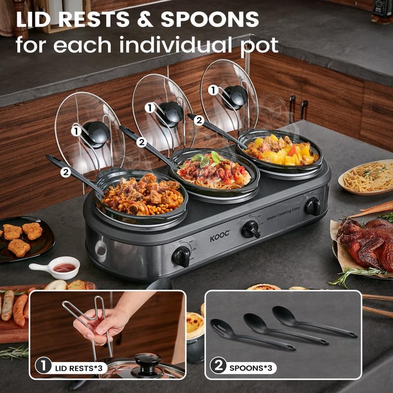 KOOC Triple Slow Cooker Buffet Server and Food Warmer 3x1.5 Quart Individual Temp Control With Lid Rests & Spoons With Liners Included Grey