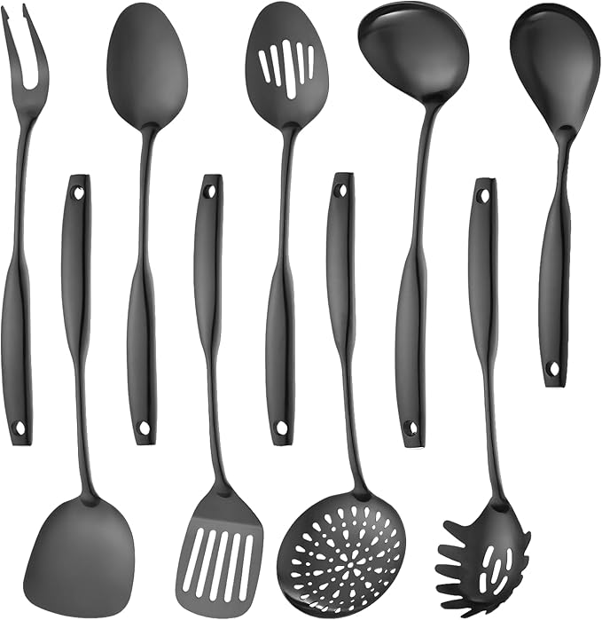 Lazycorner Kitchen Utensil Set 9-Piece Stainless Steel 304 Polished Mirror Finish Cooking Spoons, Slotted Spoon, Turner, Spatula, Pasta Spoon– Dishwasher Safe, Rust-Resistant