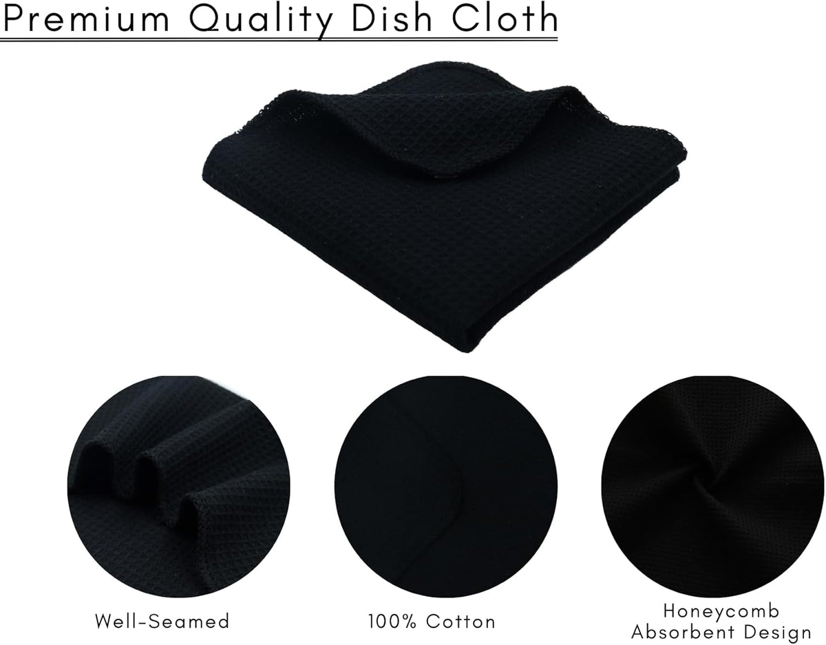 PurpleEssences Dish Cloths and Dish Rags - 8 Pack Waffle Weave Solid Kitchen Dish Wash Cloths, 100% Cotton, 12 x 12 Inches, Ultra Soft Absorbent Quick Drying - Spring Summer - Black