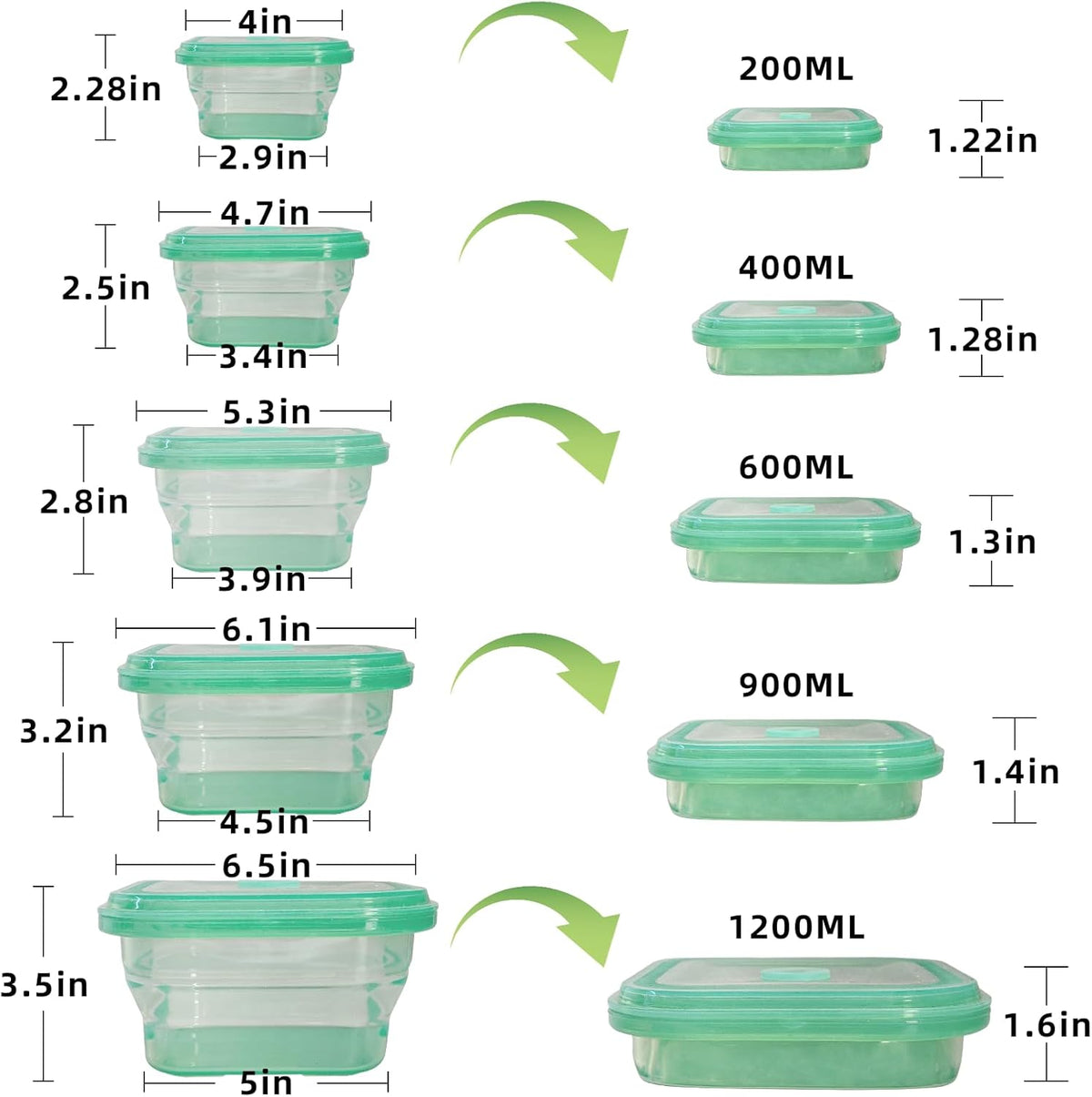 KVK 4 Pack Collapsible Food Storage Containers, Silicone Food Storage Containers With Lids, Green Reusable Collapsible Bowls For Camping, Dishwasher Safe Kitchen Supplies