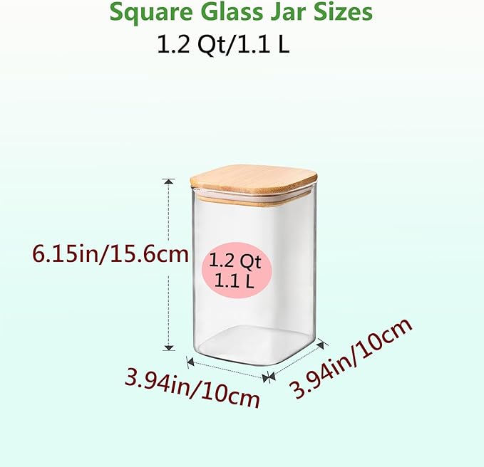 1.2 Qt Square Glass Storage Containers with Lids, glass jar with airtight lid, Glass Canister for Pantry Cookie Flour Cereal Rice Sugar Tea Coffee Beans Spice, Square Set of 4