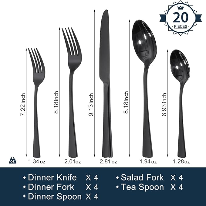 KINGSTONE 18/10 Stainless Steel Flatware, 20-Piece Forged Silverware Set for 4, Mirror Polished Cutlery Set Dishwaher Safe for Home, Restaurant, Wedding, Party, Black