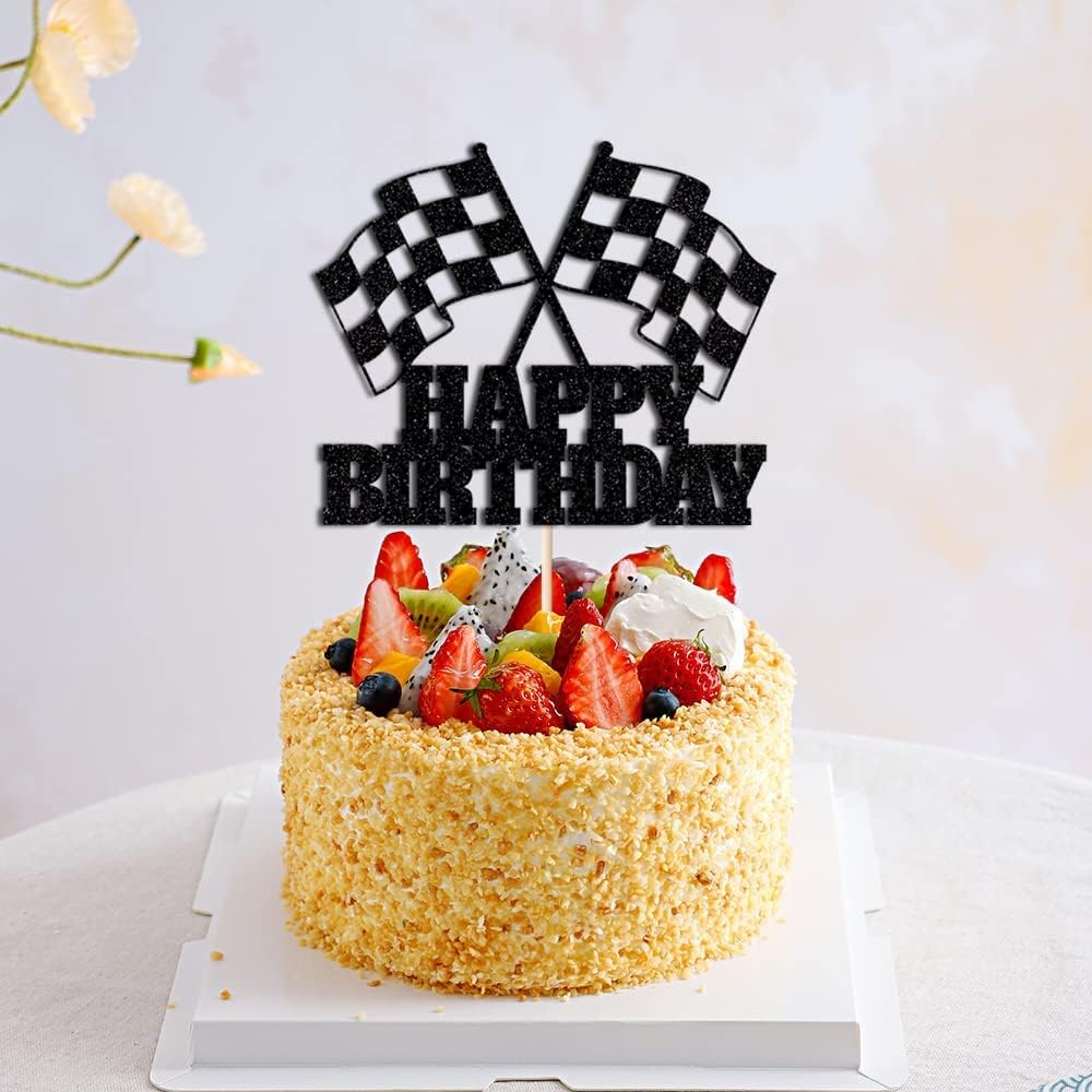 Race Car Cake Topper - Checkered Flag, Glitter, Happy Birthday Theme Cake Decor