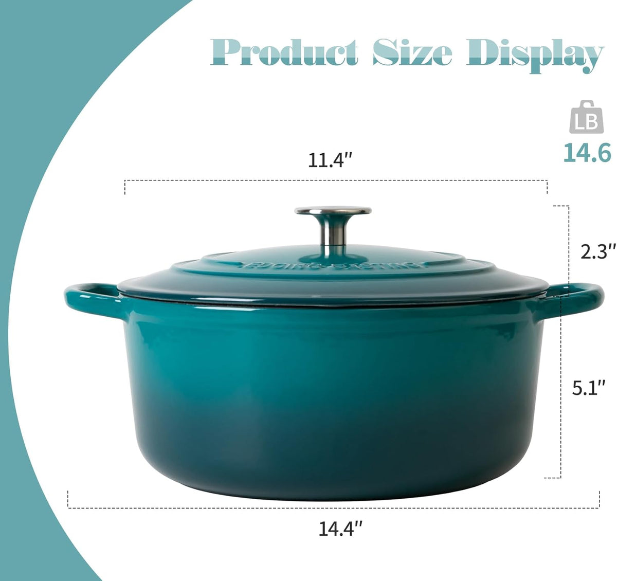 Enameled Cast Iron Dutch Oven Pot with Lid for Bread Baking, Cooking, Round Bread Oven Dual Handles, 7 Quart, Darkcyan