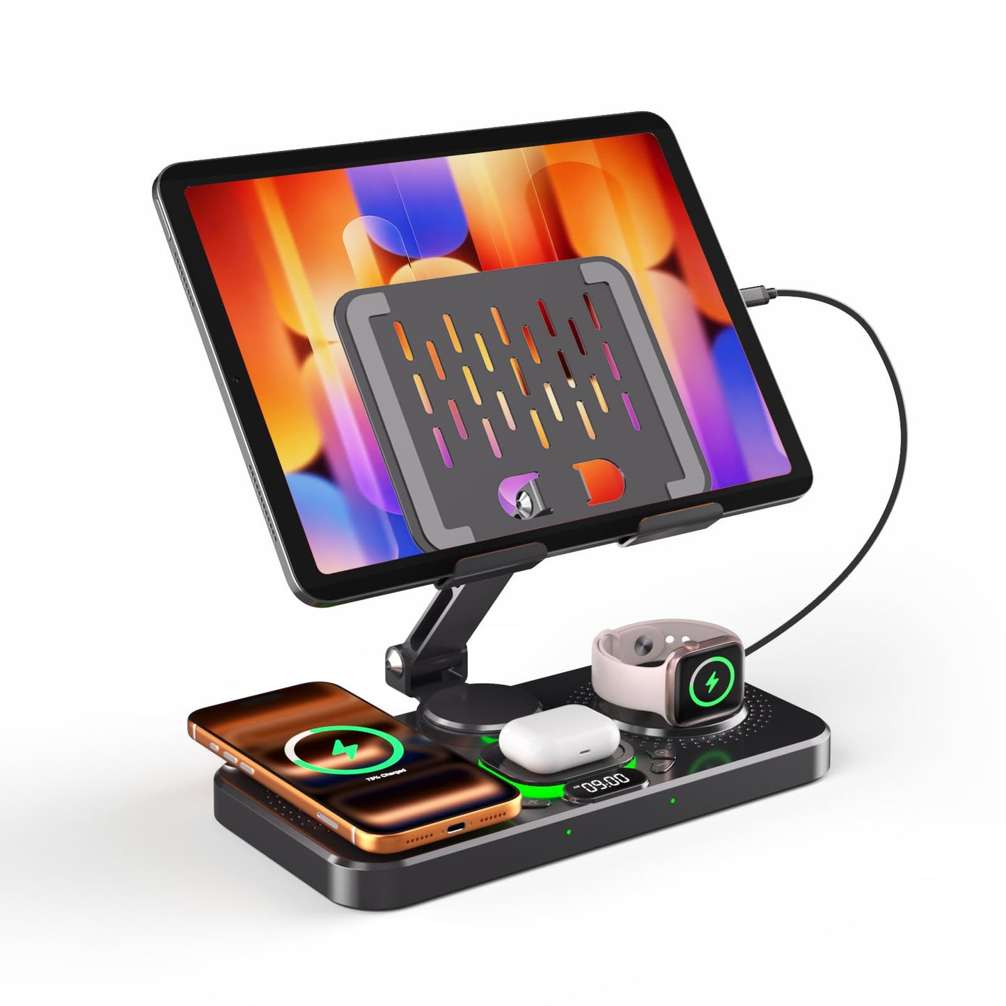 Magnetic Charging Station for Apple Multiple Devices, Wireless Charger with Clock & Light, Foldable Wired Charging Stand for iPad/Tab, Mag-Safe Charger for iPhone 17, for Apple Watch for AirPods