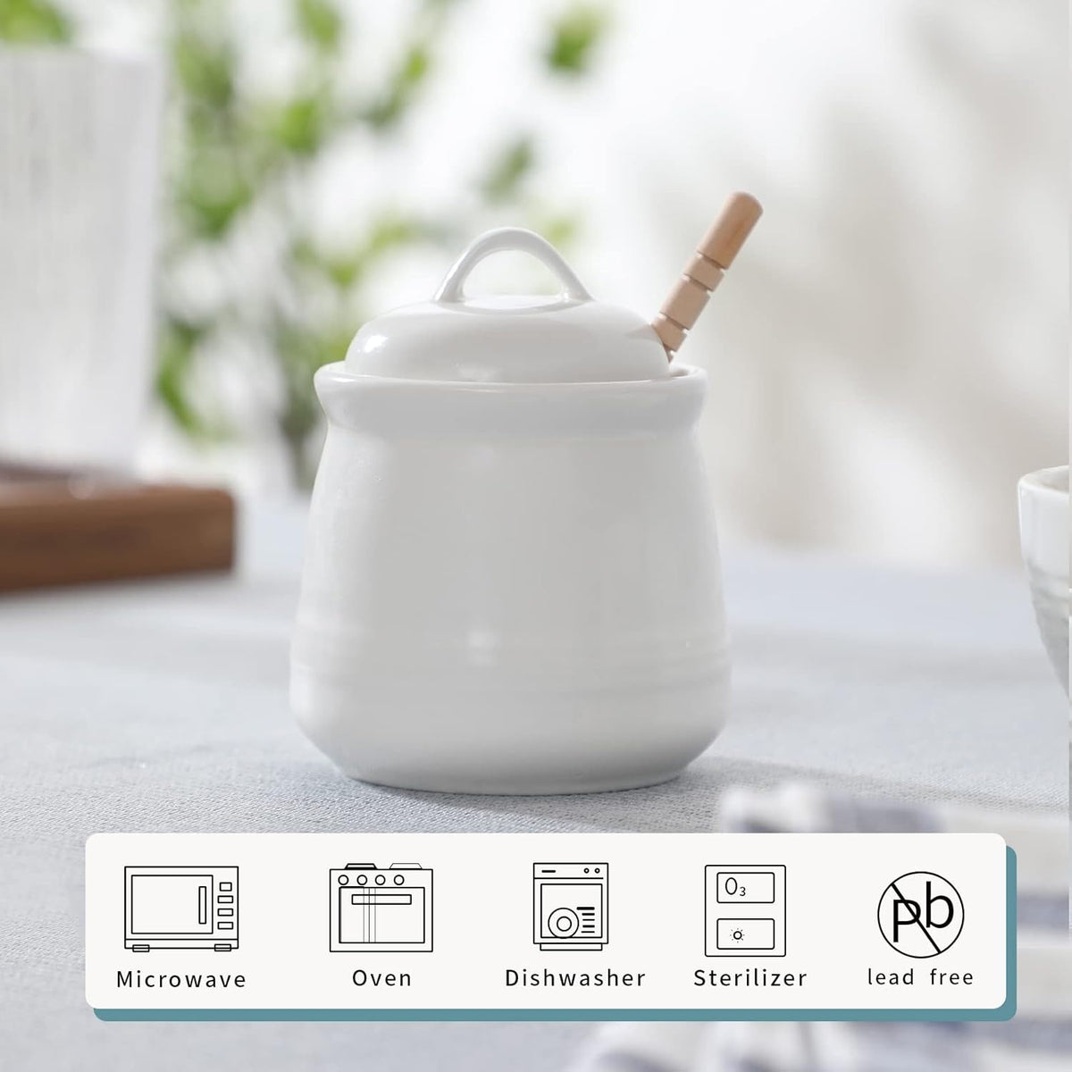 HAOTOP Ceramic Honey pot with Lid and Honey Dipper,Porcelain Honey Jar Easy to Clean and Dishwasher Safe,12oz (White)