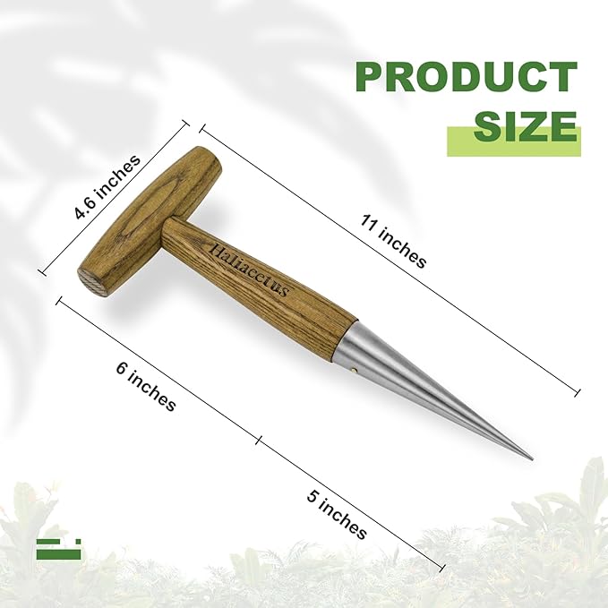 Haliaeetus Dibber Garden Tool, Stamped Stainless Steel Tip Seed Dibber, Smooth Splinter-Free T-Shape Wood Handle Dibbler with Comfortable Grip, 11'' Dibber for Planting Seed and Transplanting Seedling