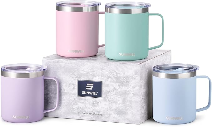 SUNWILL Travel Coffee Mugs Set of 4, Insulated Tumbler with Lid, 14 oz Stainless Steel Cup with Handle Bulk for Gift, Camping, Office, Powder Coated Orchid, Iceberg, Mint, Sakura