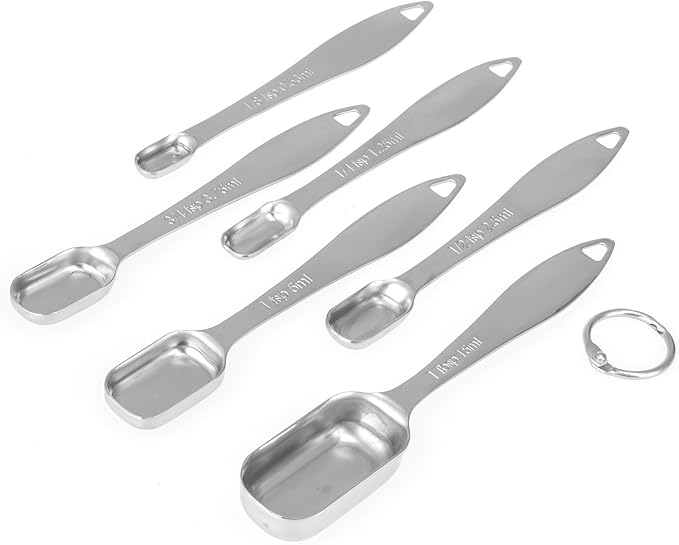 Accurate 18/8 Stainless Steel Measuring Spoons, Heavy Duty Good Handle Set of 6 Measuring Spoon with Ring Connector, Silver