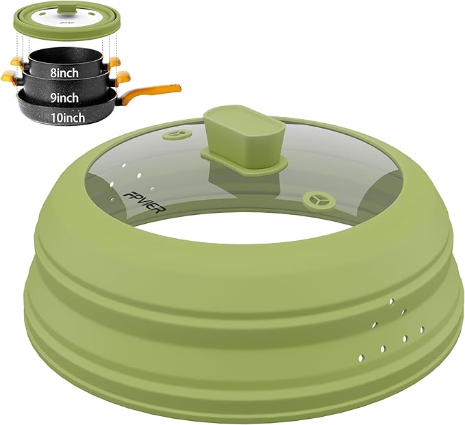 Microwave Splatter Cover, Vented Silicone and Glass Cover Splatter Guard Lid, Food Collapsible Plate Cover Lid with Easy Grip Handle. (Green, 10.8 inch)