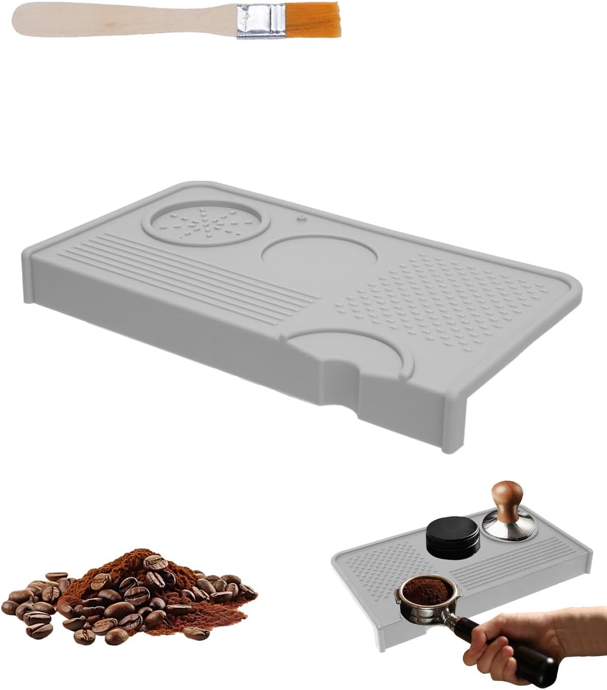 Upgraded Silicone Tamping Mat & Brush, Tamper Mat for Espresso Machine, Waterproof Heat Resistant Tamp Station for Home Baristas Tools, Gray