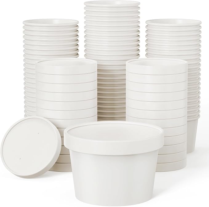 JOLLY PARTY 50pack 8oz Paper Soup Containers with Lids, Disposable Paper Food Cups, Ice Cream Cups, Food Storage with Vented Lids, Microwavable and Freezer Safe (White)