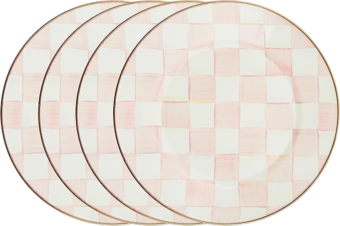 MACKENZIE-CHILDS Enamel Dinner Plate, Decorative Dinnerware Plate, 10 Inches, Set of 4, Pink-and-White Rosy Check