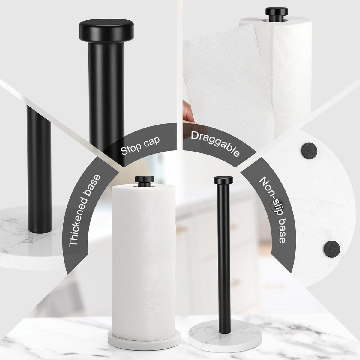 Standing Paper Towel Holder, Kitchen Paper Towel Roll Holder- for Bathroom Kitchen Countertop with Weighted Marble Base for One-Handed Operation (Black), Black Paper Towel Holder