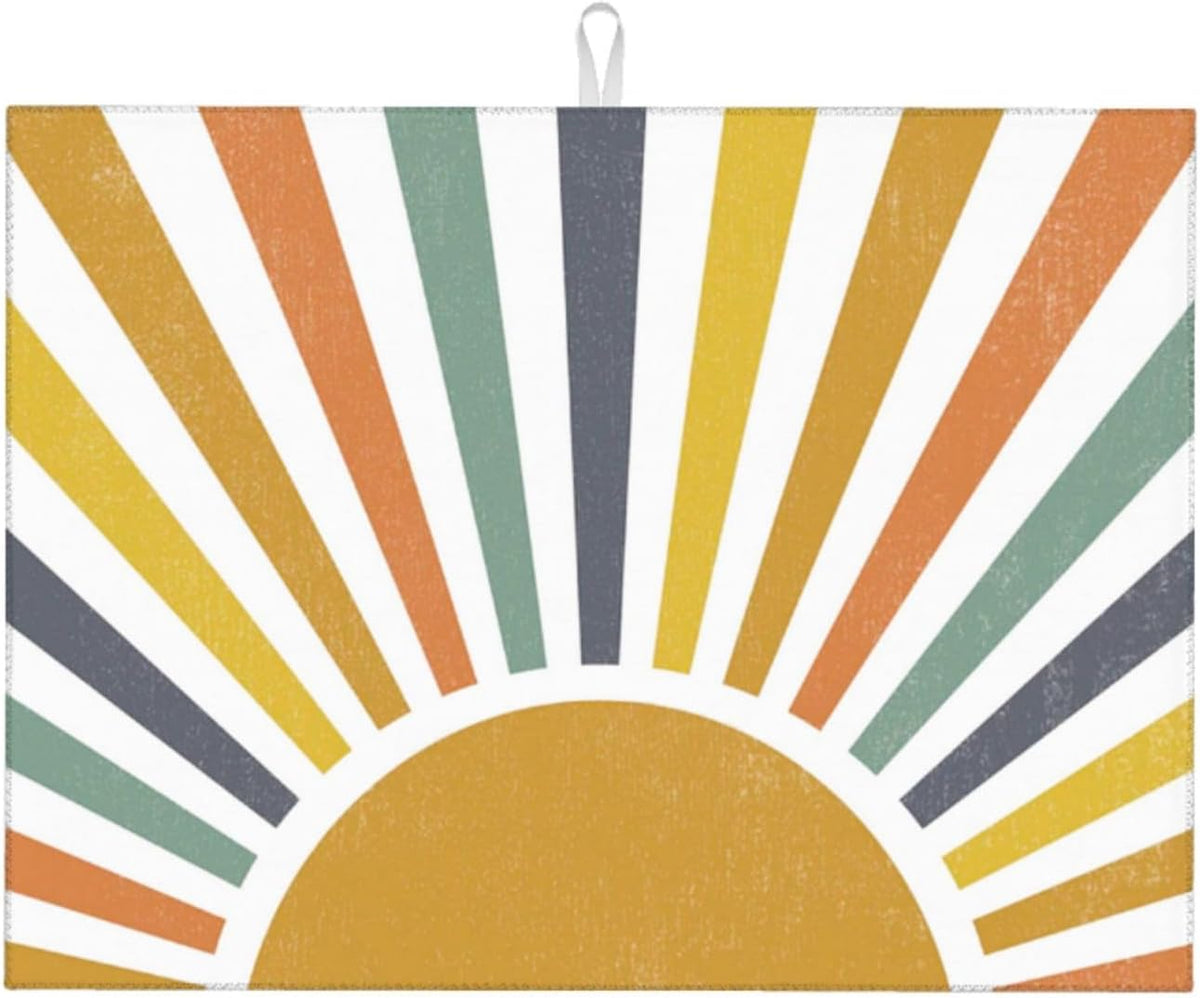 Sunshine Dish Drying Mat 18x24 for Kitchen Counter, Stripes Yellow Sun Decorative Absorbent Coffee Mat Dish Drying Pad Coffee Bar Dish Drainer Rack Mat Drainer Mat