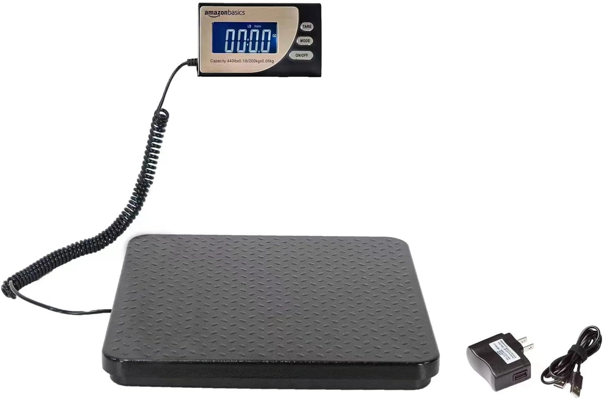 Amazon Basics Digital Postal Scale, Heavy Duty, Aluminium Platform, 440 lb Capacity, 1 Ounce Readability, Black