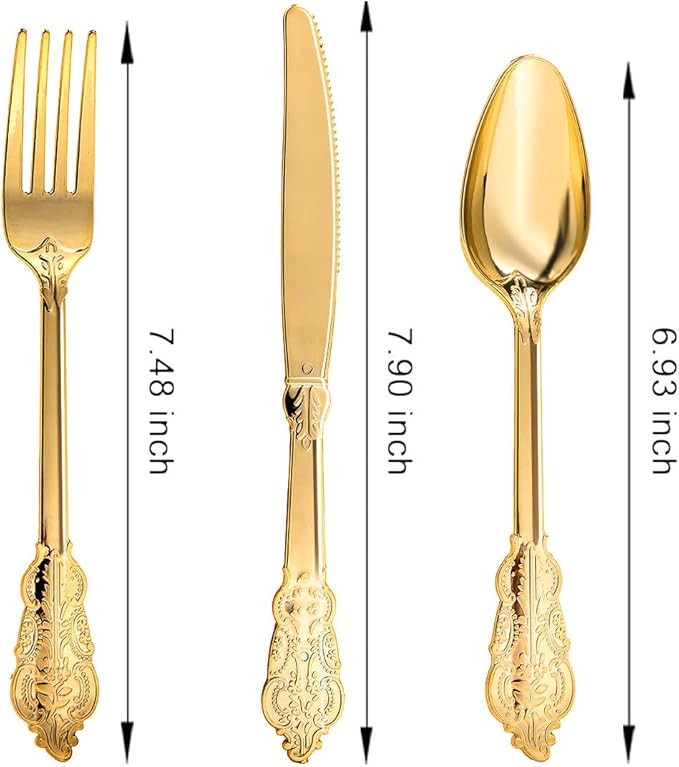N9R 300pcs Gold Plastic Silverware Dinnerware Flatware- Heavyweight Plastic Cutlery Set, 100 Forks, 100 Spoons, 100 Knives, Gold Utensils for Party, Thanksgiving, Christmas