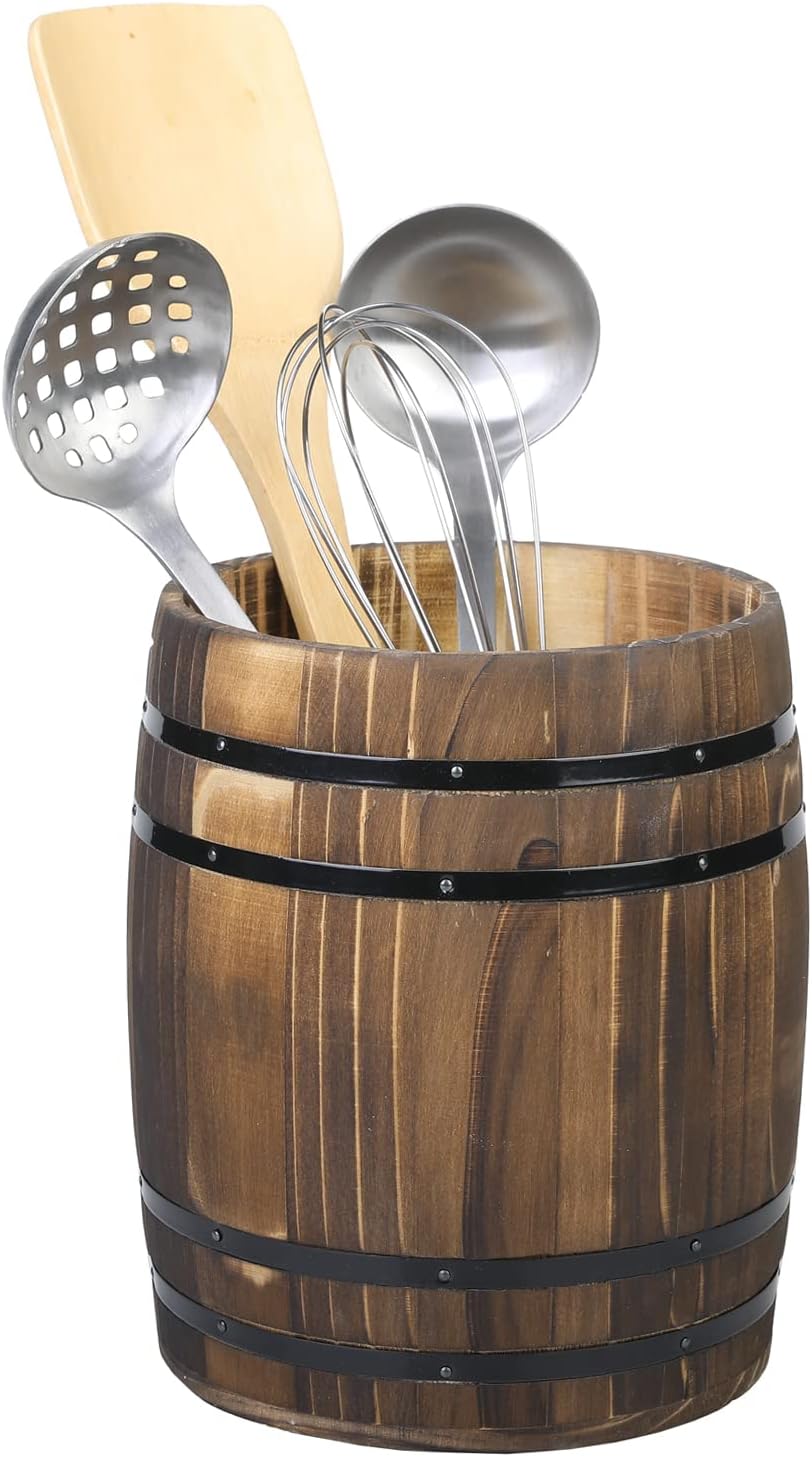 MyGift Wine Barrel Design Kitchen Utensil Crock, Vintage Rustic Burnt Wood Cooking Tool Holder