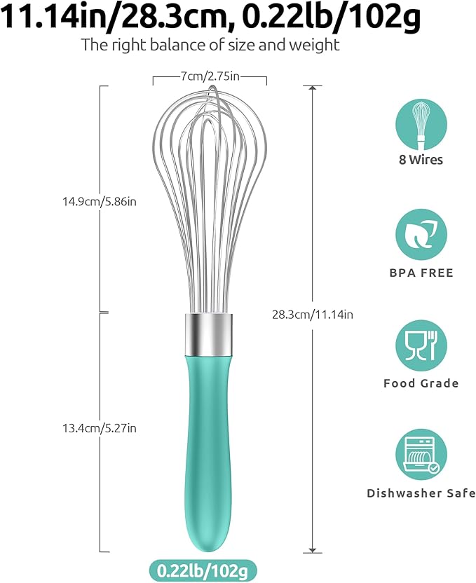 U-Taste Balloon Whisk for Cooking: 18/10 Stainless Steel Kitchen Wire Whisk, Medium Heavy Duty Egg Beater, Manual Baking Mixing Tool with 8 High Flex Wires for Stirring, Blending Sauce (Aqua Sky)