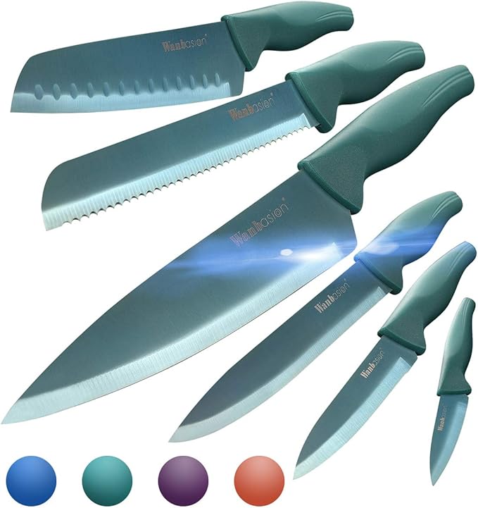 Wanbasion Green Professional Kitchen Knife Set, Stainless Steel, Dishwasher Safe with Sheathes