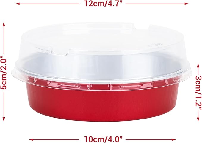 Beasea Disposable Mini Pie Tins with Lids, 50 Pack 4” 8oz Bright Red Aluminum Baking Foil Tins Small Round Tart Container for Individual Dessert Cupcake Muffin Cheesecake Ramekin Quiche Oven Dishes