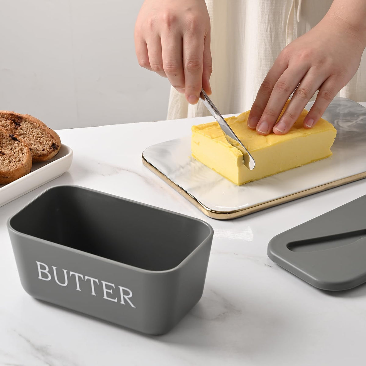 Plastic Large Butter Dish With Lid,Food Grade PP Butter Keeper With Cover,Grey Butter Container For Kitchen Refrigerator Countertop