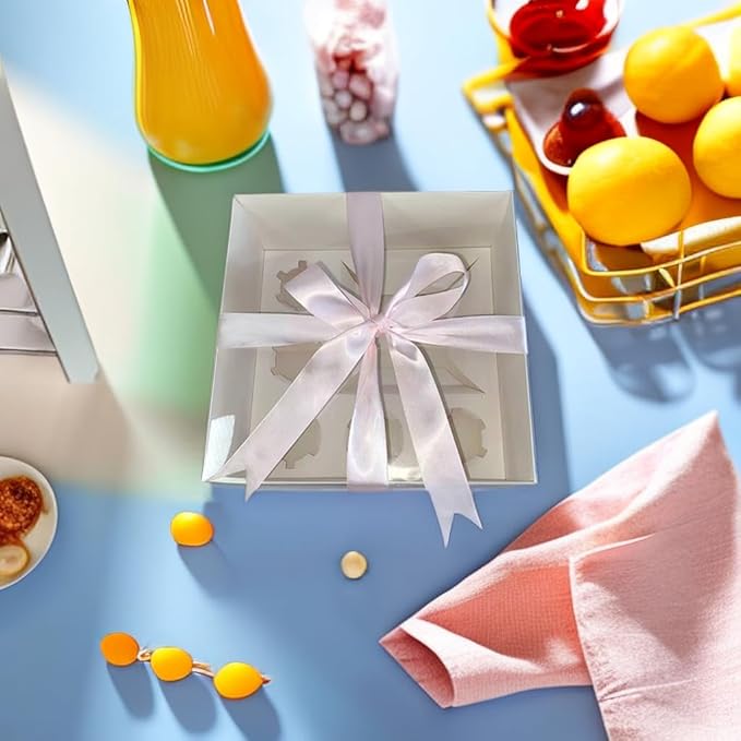 Bento Cake and Cupcake Box 2-in-1 4-inch Cake and 5 Cupcakes Box 5 Sets with One Wide Roll of Ribbon for Family Dinner Birthday Party Picnic Gift (faskdfh)