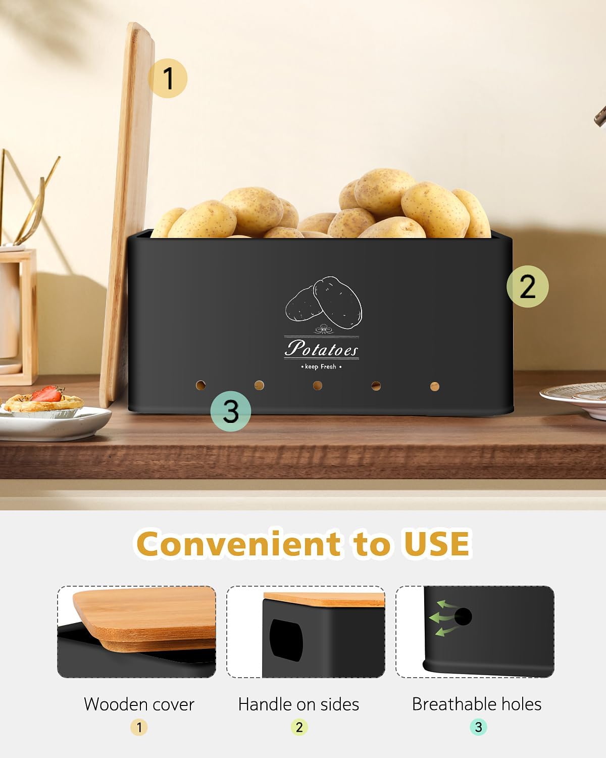 Kitchen Vegetable Storage Set of 3, Sturdy and Durable Storage Basket for Potato, Onion, Garlic, Fruit,Aerating Holes and Wooden Lid (black)