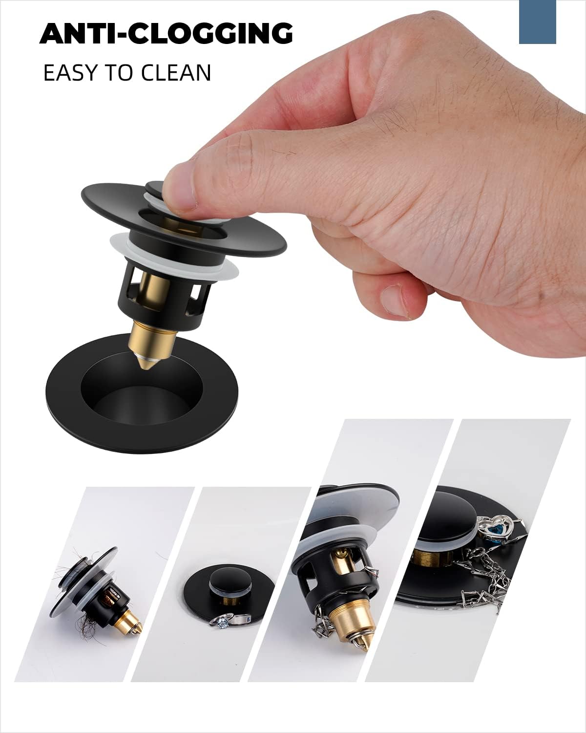 Hibbent 2 Pack All Metal Universal Bathroom Sink Stopper for 1.1''~2.3'' Basin, Pop Up Sink Drain Strainer, Brass Bullet Core Push Type Stopper, Stainless Steel Anti Clogging Drain Filter, Matte Black