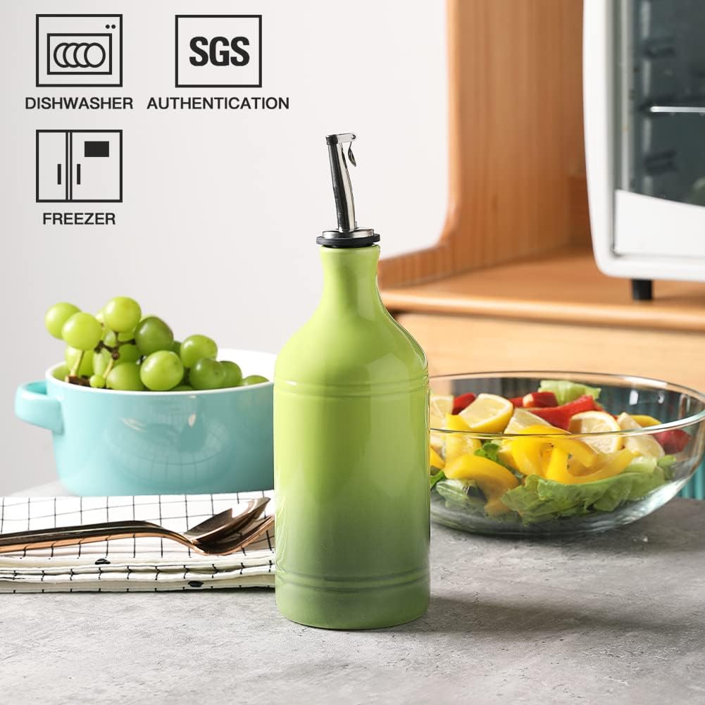 Sweejar Ceramic Olive Oil Dispenser Bottle, Opaque Oil Cruet Protects Oil to Reduce Oxidation, Suitable for Oil, Vinegar, Coffee Syrups & Other Liquids, Pack of 1, 15.5 Fl Oz (Gradient Green)