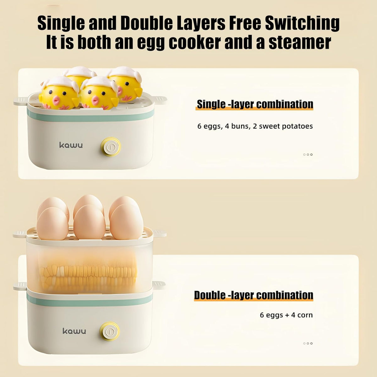 KAWU Double-layer Egg Cooker, Fast Electric Egg Boiler, Small Breakfast Machine, Safe and Easy to Operate, can Accommodate 12 Eggs, Suitable for RV Travel, Steamed Corn and Bread in Hotels